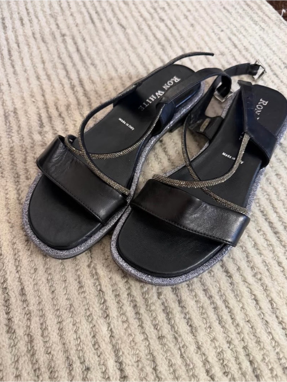 Ron White Black Leather Slingback Sandals with Sparkle Straps
